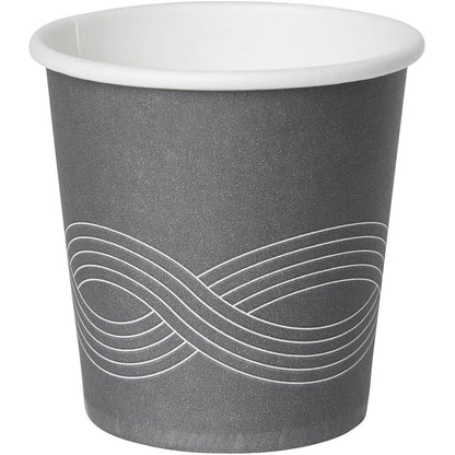 The Circuit Printed Paper Cup PAP/PE by Duni GmbH presents itself in a gray design with a white interior and an infinity symbol. This stylish paper cup is ideal for serving coffee at any event.