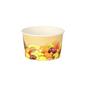 A round disposable paper cup from Starpak from the "Fruits" collection with a capacity of 125 ml, 8 cm in diameter, and 4.8 cm in height. It features colorful fruit motifs like bananas, grapes, oranges, and apples on a beige background. The cup is empty and stands on a plain white background. The product is delivered in sets of 200 pieces packaged in shrink wrap.