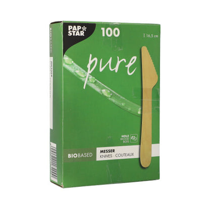 A green box from PAPSTAR GmbH with the inscription "wooden knife pure" contains 100 eco-friendly, stable disposable wooden knives (16.5 cm), in a folding box with knife illustration and multilingual text.