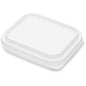 A transparent rectangular PP lid (144x120 mm) from Duni GmbH for PP trays, pack (900 pieces), is depicted empty on a white background, photographed slightly at an angle.