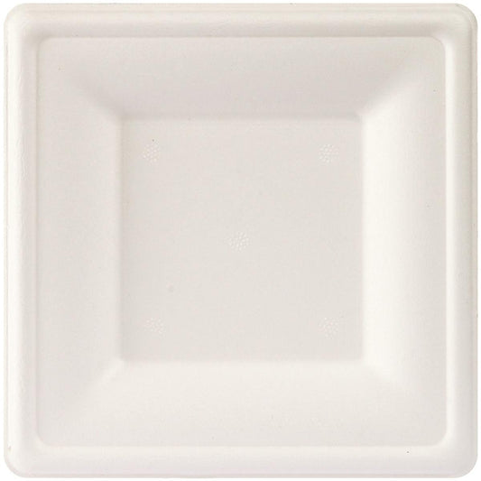 Ein weißer, quadratischer Bagasseteller (16x16 cm) von Duni GmbH, biologisch abbaubar, mit leicht erhöhtem Rand - Produkt: Teller, quadratisch 16x16 cm Weiss Bagasse | Packung (50 Stück), von oben auf weißem Hintergrund fotografiert.