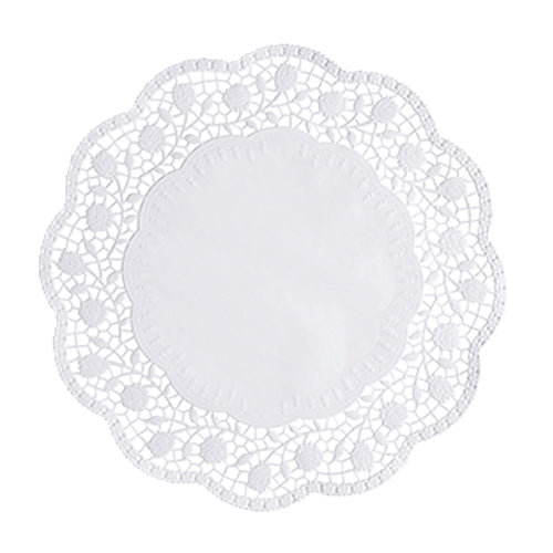 The PAPSTAR 250 round white doilies from PAPSTAR GmbH are round, white doilies with a solid center and intricate lace edge – ideal for elegantly presenting cakes.
