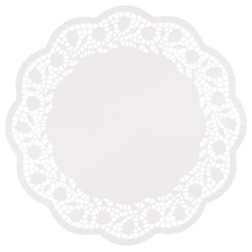 The PAPSTAR 250 round white doilies from PAPSTAR GmbH are round white doilies with a scalloped edge and intricate lace-like pattern, ideal for stylish cake presentations and doilies.
