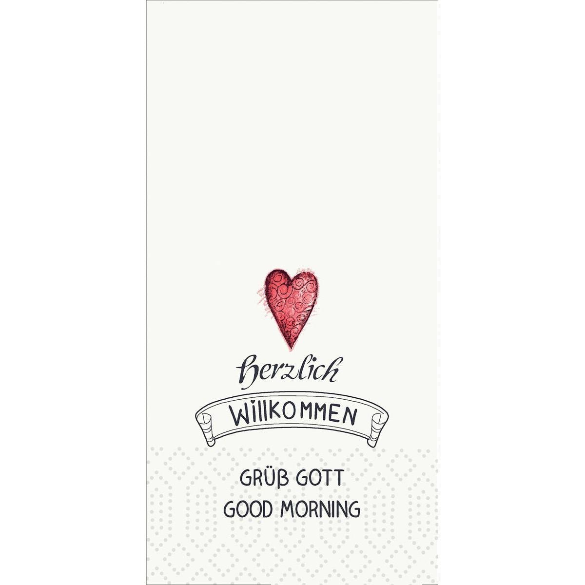 A red textured heart tops "heartfelt welcome", "GREETINGS GOD" and "GOOD MORNING" on a white Duni GmbH tissue 33x33 cm, 2-ply, Heartfelt Welcome (300 napkins), ideal as welcome napkins for special occasions.