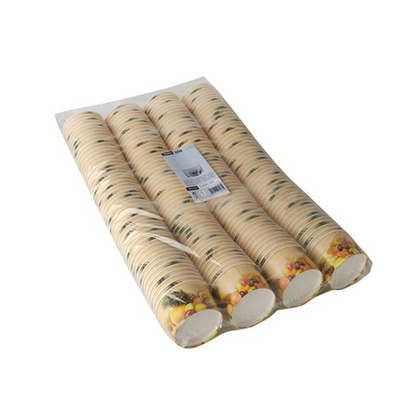 A package wrapped in shrink wrap from Starpak contains 200 round disposable paper cups, each with a floral and fruit design. The cups are arranged in several stacks of four rows each.