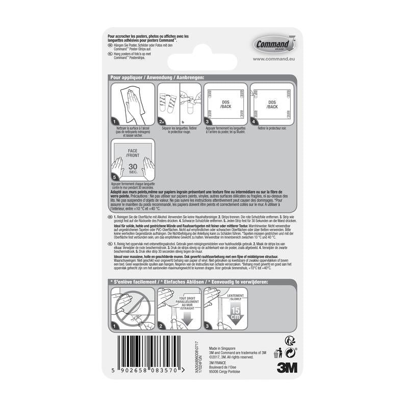 Back of a package of Command™ Poster Strips 17024 from 3M Deutschland GmbH with illustrated step-by-step instructions for residue-free mounting and poster attachment in multiple languages, with diagrams, barcode, and 3M branding at the bottom right.