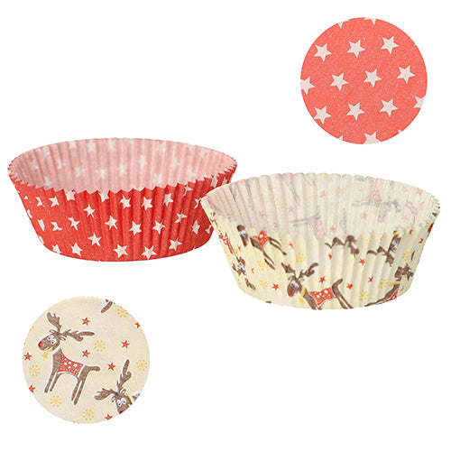 PAPSTAR GmbH 60 baking cups Ø 5 cm · 2.5 cm: Includes cupcake molds in red with white stars and cream with red-edged reindeer. The flat motifs both show festive patterns - ideal for baking cupcakes or muffins.