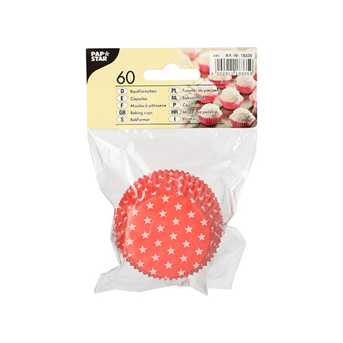 The 60-pack baking cups (Ø 5 cm, height 2.5 cm) from PAPSTAR GmbH are red baking cups with white stars, ideal for muffins or cupcakes and come in a clear plastic bag with a yellow label.