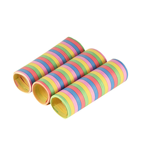 Three colorful PAPSTAR 3 streamers 4 m from PAPSTAR GmbH with alternating stripes in green, blue, pink, and yellow are arranged side by side on a white background.