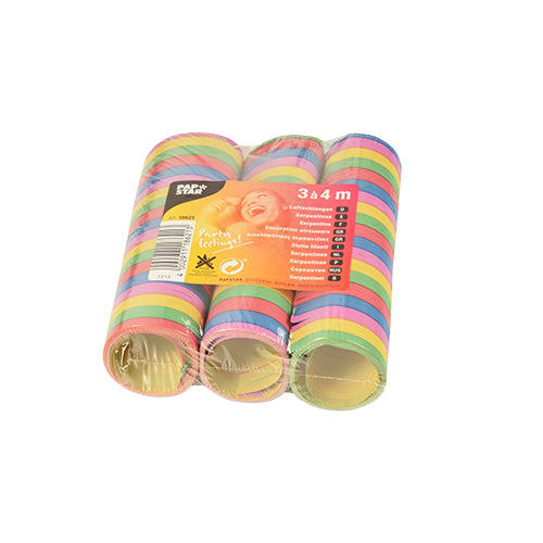 The four party streamers 3 streamers 4m from PAPSTAR GmbH are packed in a foil-wrapped package with an orange label with product details and a smiling child – perfect for high-quality decoration!.