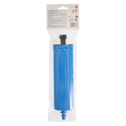The PAPSTAR balloon pump (26x6 cm, assorted colors) by PAPSTAR GmbH is delivered in a transparent plastic packaging with a white label at the top featuring text and safety symbols. The nozzle is visible at the bottom. Bag with 1 piece.