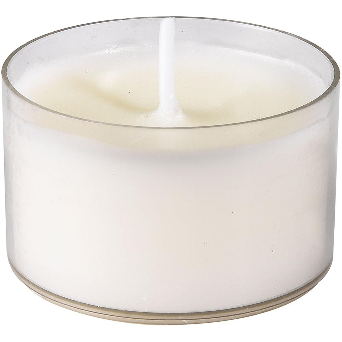 A Duni GmbH Teelichte, Ø39 mm, weiß im recycelten PC-Cuphalter mit ungenutztem Docht, umweltfreundlich und mit 6 Stunden Brenndauer; Packung enthält 50 Stück. Ansicht leicht schräg.