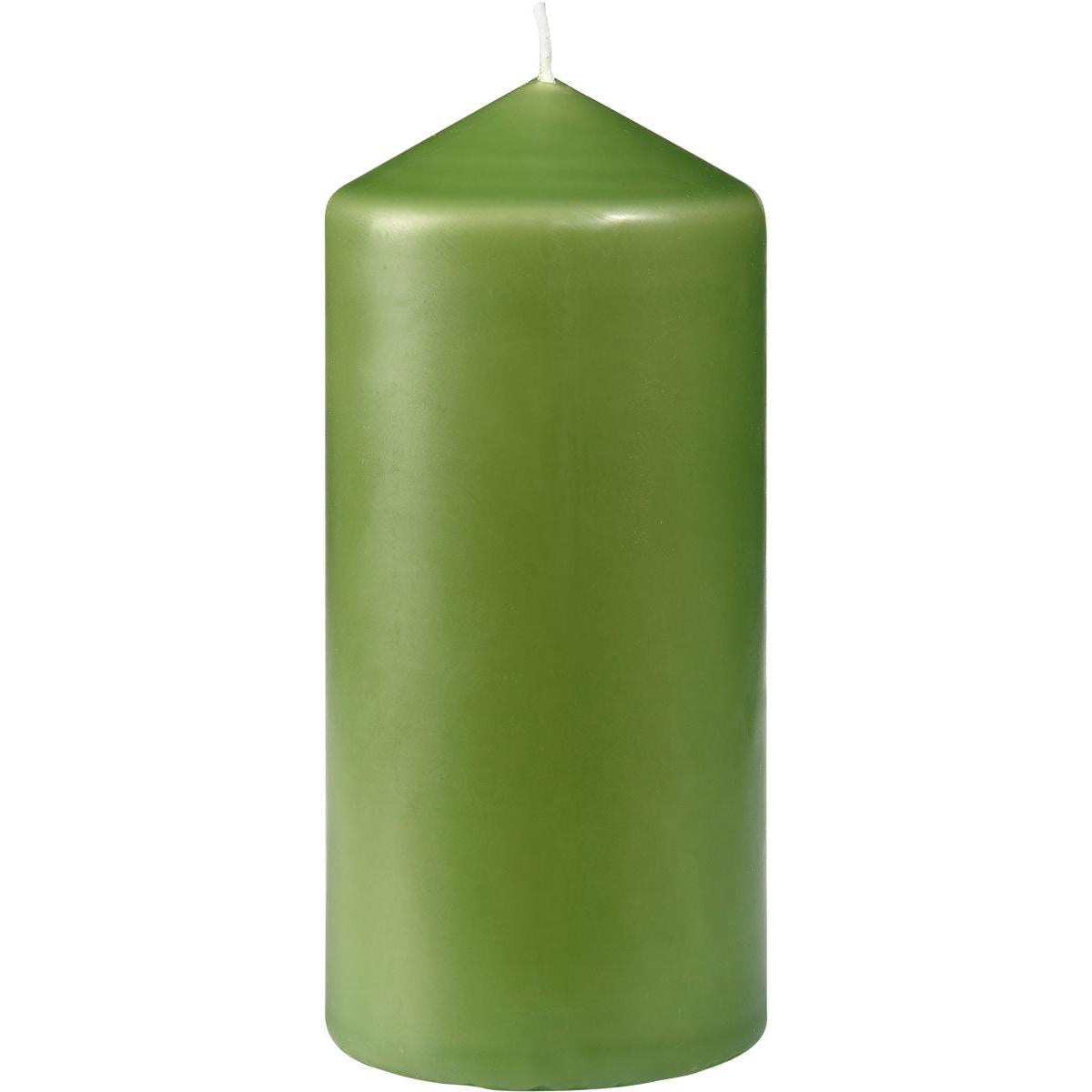Die Stumpenkerze der Duni GmbH, ca. 40h, 130 x 60 mm, mit glatter grüner Oberfläche und weißem Docht, steht aufrecht vor einem schlichten weißen Hintergrund - perfekt für ein lang anhaltendes Ambiente mit langer Brenndauer.