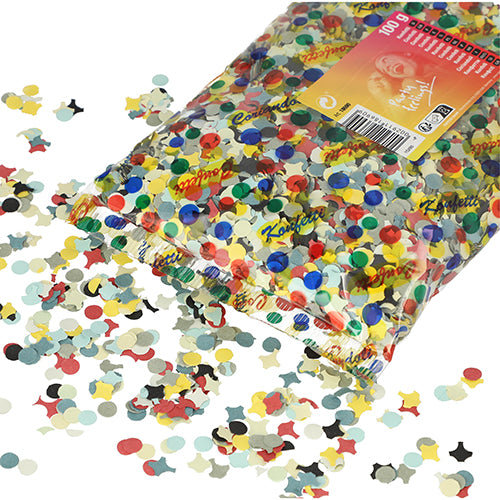 A transparent bag from PAPSTAR GmbH filled with color-sorted confetti (circles & stars), ideal for celebrations and decoration, spills over a white surface and gives it a festive touch; labels and product information are visible on the foil packaging.