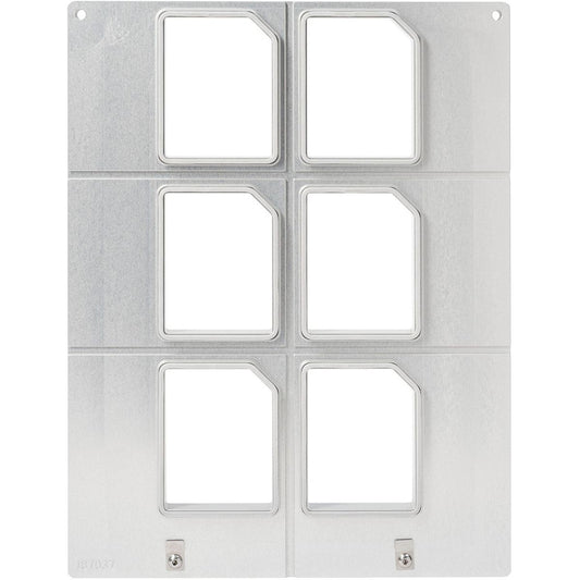 Die Duni GmbH Kassette DF15/25 für Polardeli rPET Mini 100 ml (6er-Nest), verfügt über eine Metallplatte mit sechs rechteckigen Ausschnitten in zwei Spalten und drei Reihen, mit abgerundeten oberen linken Ecken und zwei Schrauben am unteren Rand.