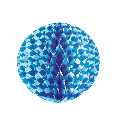 The PAPSTAR flame-retardant honeycomb ball from PAPSTAR GmbH presents itself with a blue checkered pattern, fully unfolded and frontally on a white background - ideal as a flame-retardant decoration for any event.