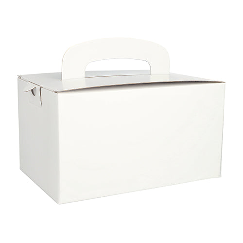 A simple white PAPSTAR lunch box made of environmentally friendly cardboard, rectangular (12.5 x 15.5 x 22.5 cm) with a carrying handle from PAPSTAR GmbH, unused and perfect for transporting or packaging items.