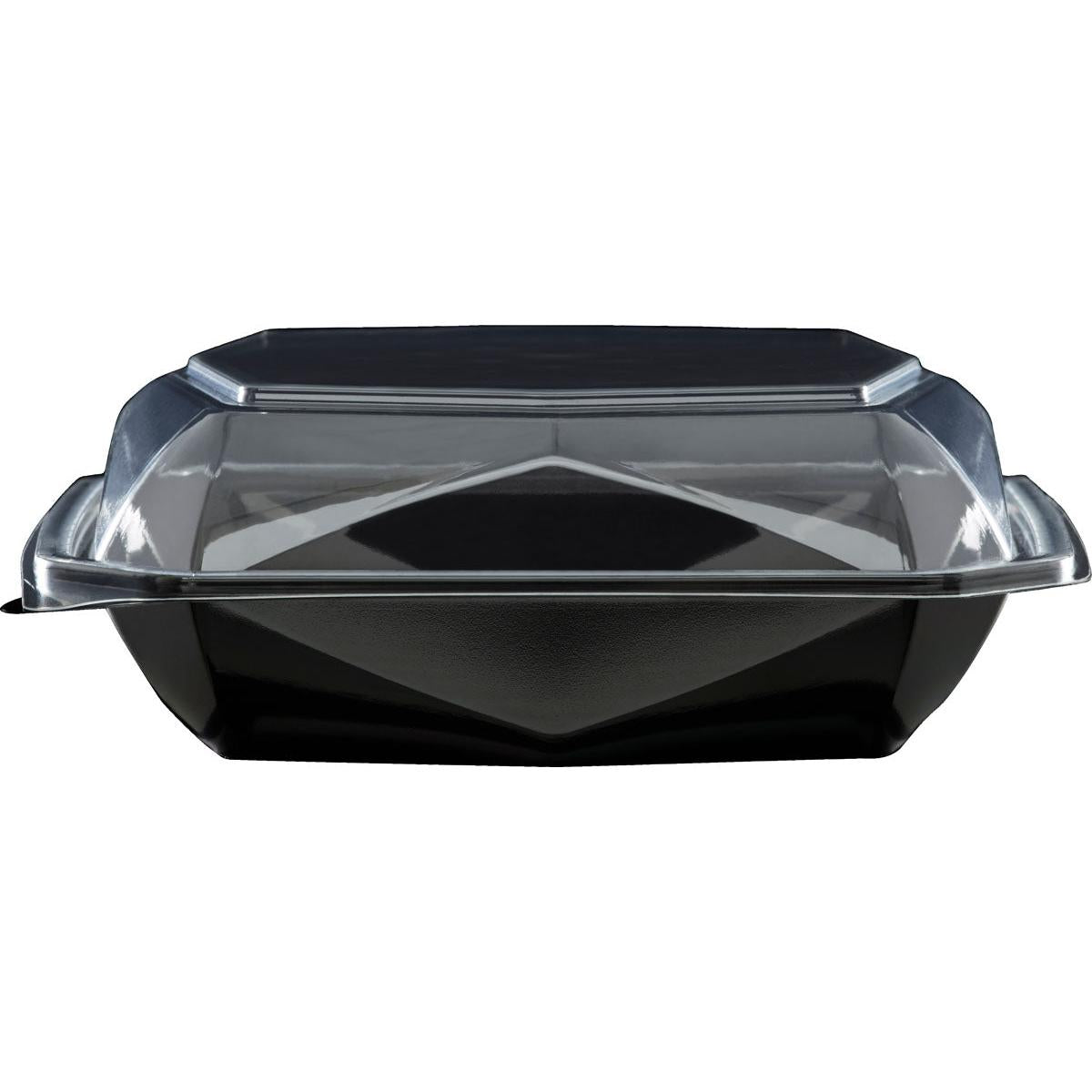 Illustrated is an empty Octaview® M Black / Transparent APET 185x185x70 takeout container from Duni GmbH with a clear attached lid on a white background. The securely fastened lid emphasizes its use as food packaging.