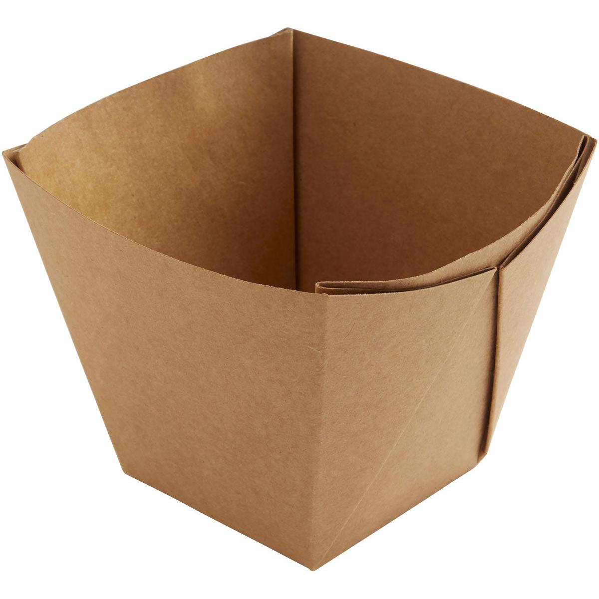 A Viking Cube High Box from Duni GmbH (Brown Cardboard/PE, 113x113x100 mm), with folded corners and an open lid, depicted on a white background. Package: 300 pieces.