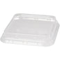 The Duni GmbH rPET Lid 900 ml Transparent (156x156x44 mm, pack of 40 pieces) is a clear, square lid with a raised edge and embossed recycling symbols that highlight the recycled material. Pictured against a white background.