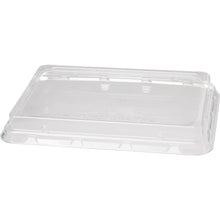 Ein transparenter rPET Deckel 850/1200 ml von Duni GmbH (239x165x28 mm, Packung à 40 Stück) liegt auf weißem Untergrund und zeigt seine flache Oberfläche mit erhöhten Kanten für sicheren Verschluss.