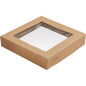 A square brown Viking Block lid from Duni GmbH made of cardboard with a PLA transparent window (140x140x29 mm) that makes the contents visible. On one corner of this sustainable packaging, "ecoecho" is printed. Package: 300 pieces.