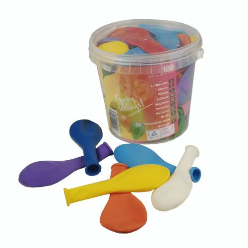 A PAPSTAR 100 balloons Ø 25 cm tub from PAPSTAR GmbH is filled with colorful latex balloons, with purple, blue, yellow, orange, and white balloons depicted at the front on a white surface.