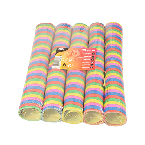 Ten flame-retardant PAPSTAR streamers "Stripes" (each 4 m) from PAPSTAR GmbH come in a clear pack with a front label. The streamers feature several bright colors, perfect for party decoration.