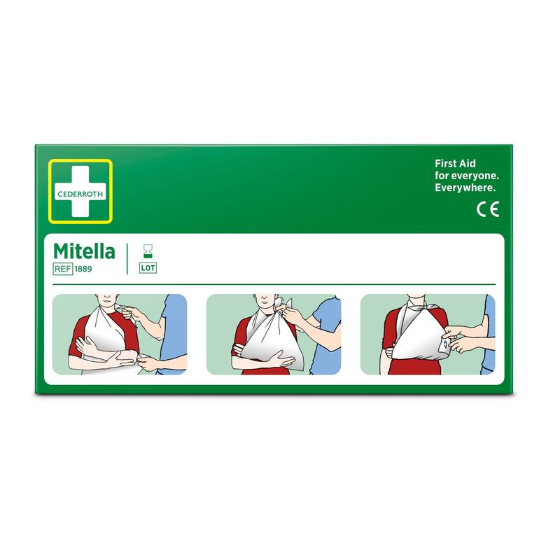 A green box labeled "Triangular bandage, 2 pieces/box" from Orkla Wound Care AB shows three illustrated steps for using the triangular bandage as an arm sling. Ideal for first aid in sports injuries: "First aid for everyone. Everywhere.
