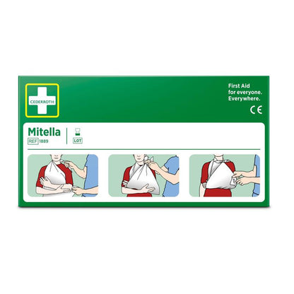 A green box labeled "Triangular bandage, 2 pieces/box" from Orkla Wound Care AB shows three illustrated steps for using the triangular bandage as an arm sling. Ideal for first aid in sports injuries: "First aid for everyone. Everywhere.