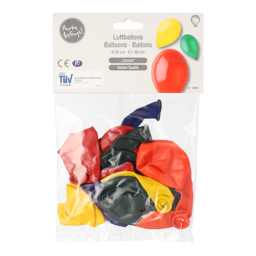 A transparent packaging from PAPSTAR GmbH with the inscription "PAPSTAR 10 balloons Ø 25 cm assorted colors" contains assorted, uninflated balloons in the colors red, yellow, green, and blue with a multilingual product info label with balloon images.