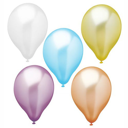 Five shiny PAPSTAR balloons (Ø 25 cm, assorted colors) from PAPSTAR GmbH are arranged in a gentle arc on a plain white background.