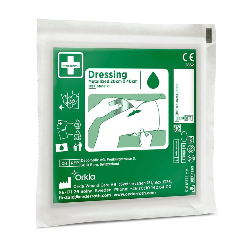 A green-white "Cederroth Netzverband | Pack (1 piece)" from Orkla Wound Care AB, ideal for wound care. The packaging includes application instructions, product information, and contact details of the manufacturer in Sweden.