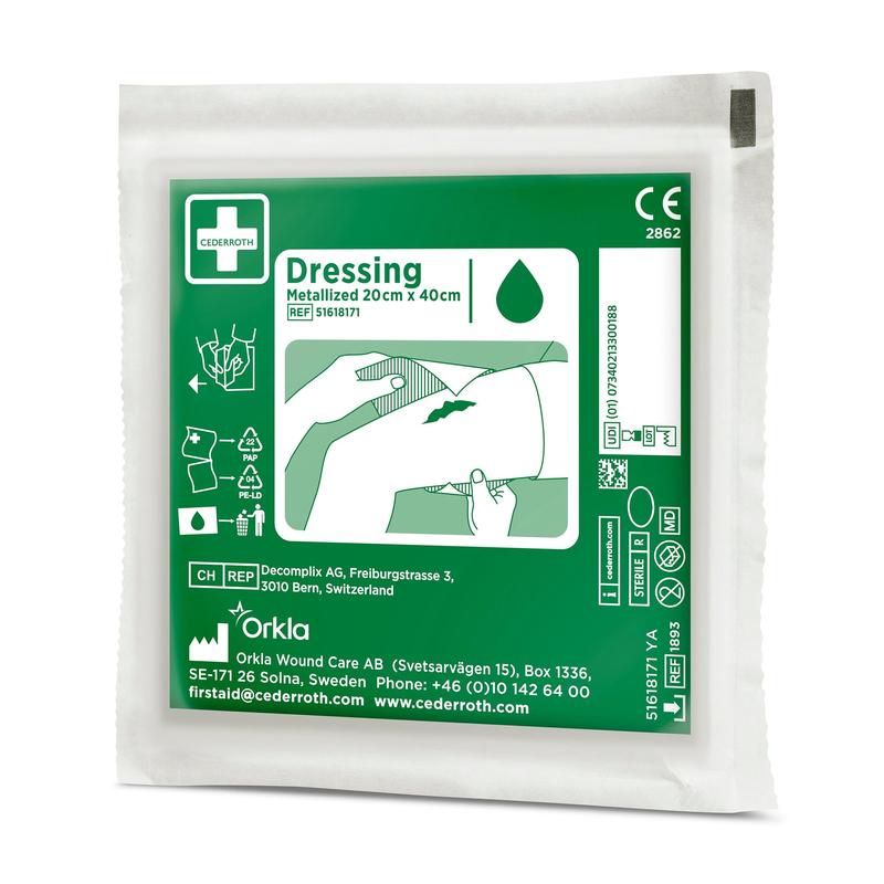 A green-white package with the label "Cederroth Netzverband | Pack (1 piece)" from Orkla Wound Care AB contains a simple illustrated guide, manufacturer information, contact details, and is ideal for wound care.