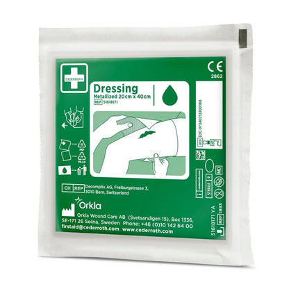 A green-white package with the label "Cederroth Netzverband | Pack (1 piece)" from Orkla Wound Care AB contains a simple illustrated guide, manufacturer information, contact details, and is ideal for wound care.