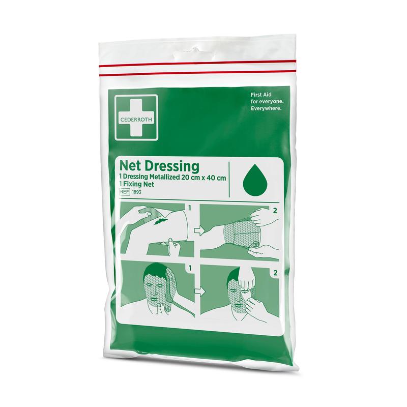The green-white Cederroth Netzverband Pack (1 piece) from Orkla Wound Care AB contains an illustrated guide for applying an elastic net bandage to the arm and head, as well as wound care and first aid information on the front.