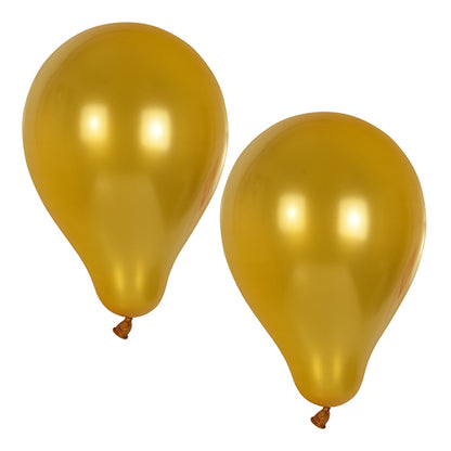 Two gold-colored PAPSTAR 10 balloons Ø 25 cm from PAPSTAR GmbH made of high-quality latex float as stylish decoration against a white background, each with a knot and shiny light reflections.