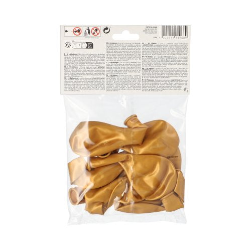 In a transparent plastic bag from PAPSTAR GmbH, 10 uninflated golden latex balloons (Ø 25 cm) fit. On top, there is a white label with text and icons – perfect for any decoration.