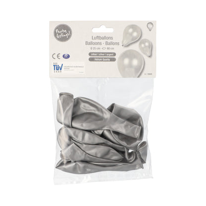 A clear packaging from PAPSTAR GmbH contains 10 empty silver balloons (Ø 25 cm). The label shows „PAPSTAR 10 balloons“, images of silver balloons and highlights the high-quality latex - ideal for any decoration.