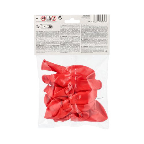 In a transparent bag there are PAPSTAR 10 balloons Ø 25 cm from PAPSTAR GmbH in red, made of high-quality latex, with a white label on top - ideal for decoration.