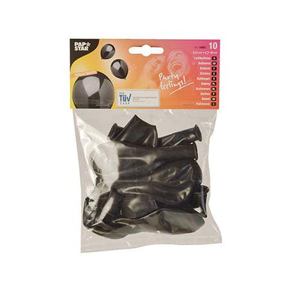 A transparent plastic packaging with 10 black PAPSTAR latex balloons (25 cm) from PAPSTAR GmbH, with colorful „Partyfeeling!“ label - ideal for decorating any celebration.