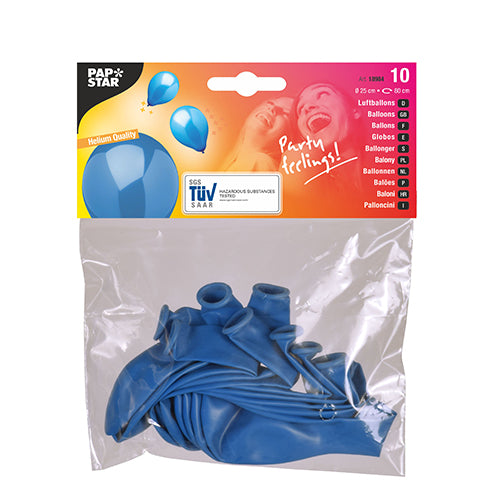 A transparent plastic packaging contains 10 uninflated blue PAPSTAR balloons with a diameter of 25 cm. The label from PAPSTAR GmbH shows inflated balloon motifs and a photo of two smiling people, making it ideal for decoration.