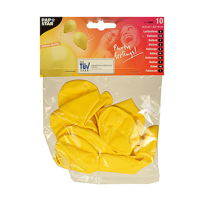 In a transparent plastic packaging, there are ten uninflated yellow PAPSTAR 10 balloons Ø 25 cm from PAPSTAR GmbH made of high-quality latex. The inscription “Party Feeling!” in red and white is perfect for decoration.