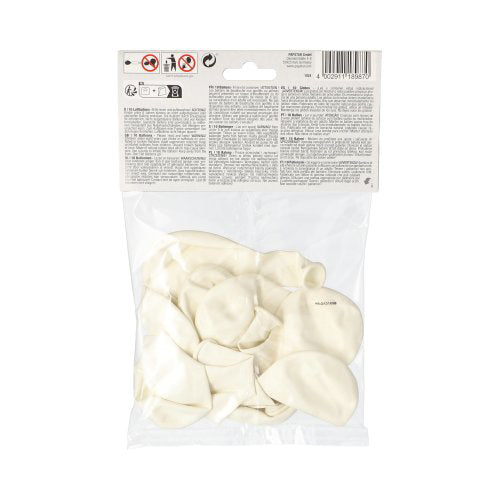 A transparent plastic bag from PAPSTAR GmbH contains 10 uninflated white latex balloons (Ø 25 cm) with a white label on the top, showing text, age and safety instructions - ideal for decoration.