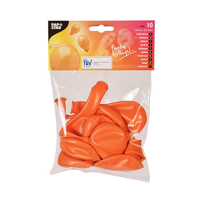 A clear packaging from PAPSTAR GmbH contains 10 orange latex balloons (Ø 25 cm) with a red-orange label with brand, product details, and balloon images – ideal for decoration.