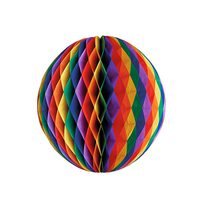 The PAPSTAR flame-retardant honeycomb ball from PAPSTAR GmbH is a colorful decoration element with a honeycomb-like pattern in rainbow colors - red, orange, yellow, green, blue, and purple - isolated on a white background.
