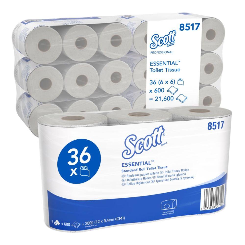 Pictured is a package of Scott® Essential™ Toilet Paper 8517 from Kimberly-Clark GmbH with 36 rolls (2-ply, 21,600 sheets) in white-blue packaging, with more packages stacked behind.