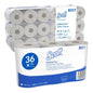 Pictured is a package of Scott® Essential™ Toilet Paper 8517 from Kimberly-Clark GmbH with 36 rolls (2-ply, 21,600 sheets) in white-blue packaging, with more packages stacked behind.
