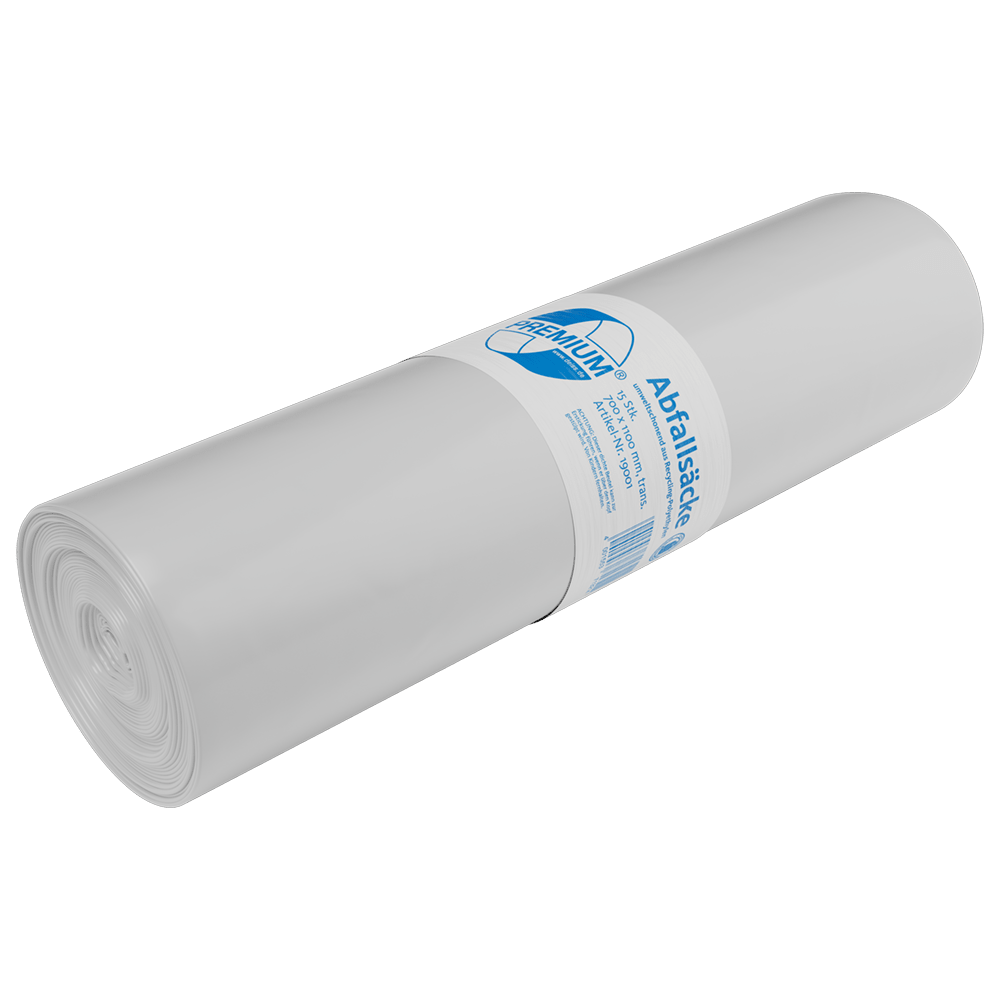 A transparent 120 l roll of DEISS PREMIUM® trash bags made from recycled LDPE (15 pieces) by EMIL DEISS KG (GmbH + Co.), with a center label featuring product info and branding for environmentally friendly disposal.