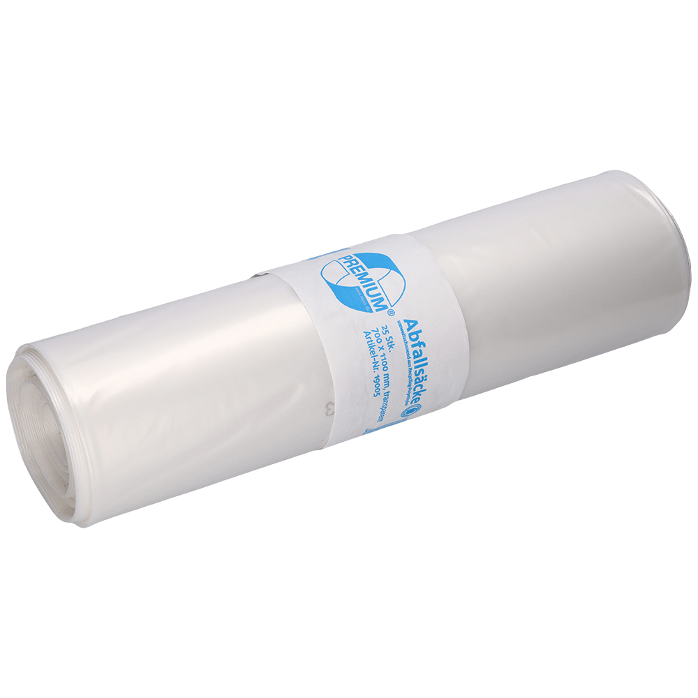 A roll of EMIL DEISS KG (GmbH + Co.) DEISS 19005 transparent garbage bags (700x1100x0.07 mm, 25 pieces) with white and blue label, depicted on a solid white background.